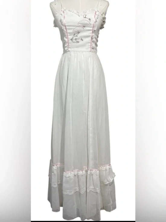 70s Vintage Maxi Slip Dress Embroidered Lace Ruffle Trim Cottage Prairie Size 7 - Picture 9 of 11